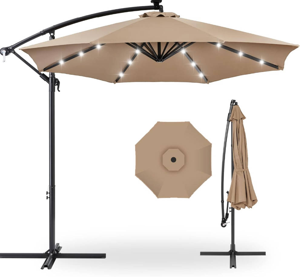 10ft Solar LED Offset Hanging Market Patio Umbrella for Backyard, Poolside, Lawn and Garden w/Easy Tilt Adjustment, Polyester Shade, 8 Ribs - Tan
