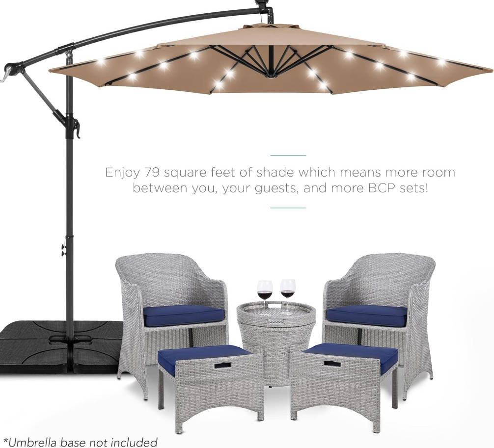 10ft Solar LED Offset Hanging Market Patio Umbrella for Backyard, Poolside, Lawn and Garden w/Easy Tilt Adjustment, Polyester Shade, 8 Ribs - Tan