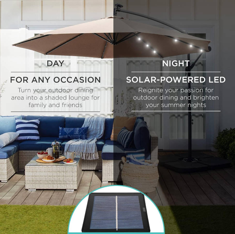 10ft Solar LED Offset Hanging Market Patio Umbrella for Backyard, Poolside, Lawn and Garden w/Easy Tilt Adjustment, Polyester Shade, 8 Ribs - Tan