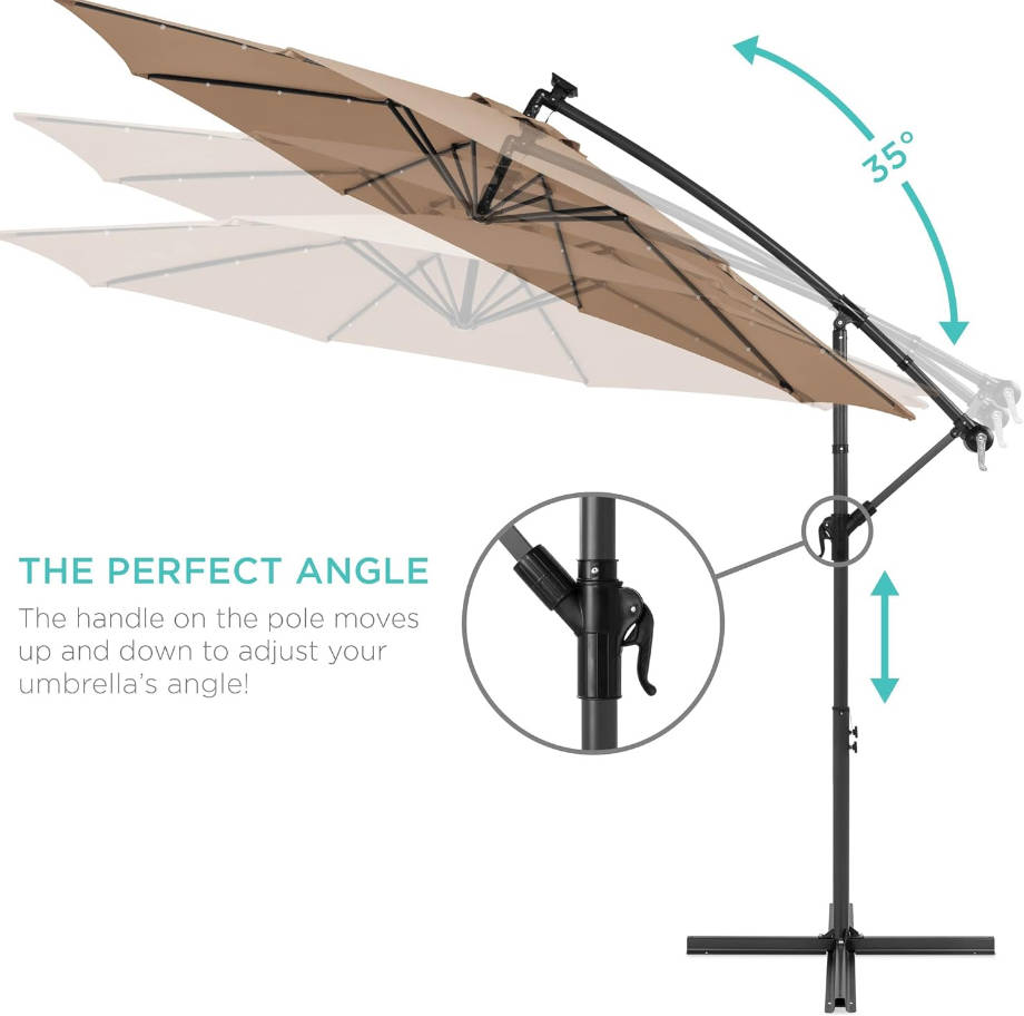 10ft Solar LED Offset Hanging Market Patio Umbrella for Backyard, Poolside, Lawn and Garden w/Easy Tilt Adjustment, Polyester Shade, 8 Ribs - Tan