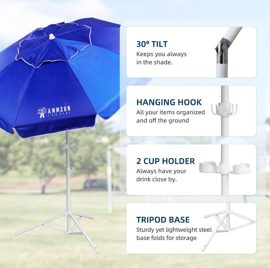 Shade Umbrella, Premium Portable Umbrella with Stand, 6.5ft Lightweight Free Standing Canopy for Sporting Games, Adjustable Instant Sun Protection and Easy to Carry, Blue