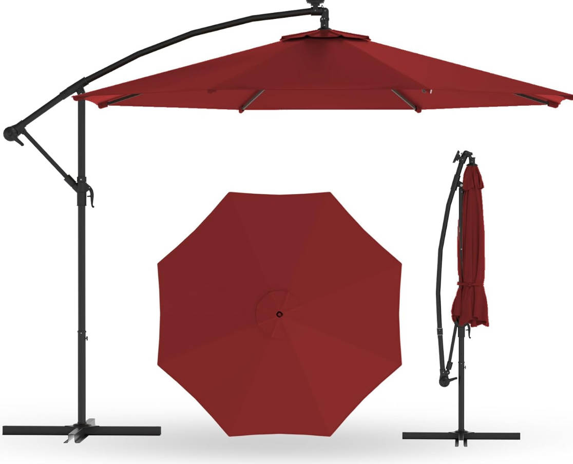 10FT Offset Patio Umbrella Hanging Cantilever Umbrella Outdoor Sun Shade with Wind Vent & Adjustment 0-45° Tilt, 8 Ribs, UV-Blocking Polyester Outdoor Umbrella for Backyard, Lawn, Garden &Pool,Red