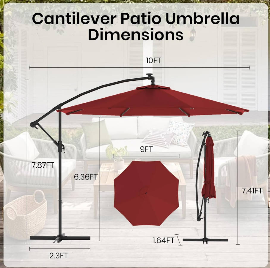 10FT Offset Patio Umbrella Hanging Cantilever Umbrella Outdoor Sun Shade with Wind Vent & Adjustment 0-45° Tilt, 8 Ribs, UV-Blocking Polyester Outdoor Umbrella for Backyard, Lawn, Garden &Pool,Red