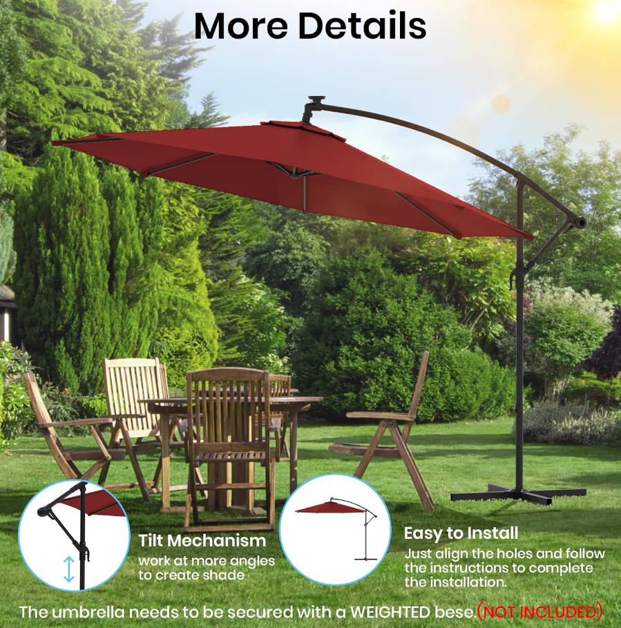10FT Offset Patio Umbrella Hanging Cantilever Umbrella Outdoor Sun Shade with Wind Vent & Adjustment 0-45° Tilt, 8 Ribs, UV-Blocking Polyester Outdoor Umbrella for Backyard, Lawn, Garden &Pool,Red