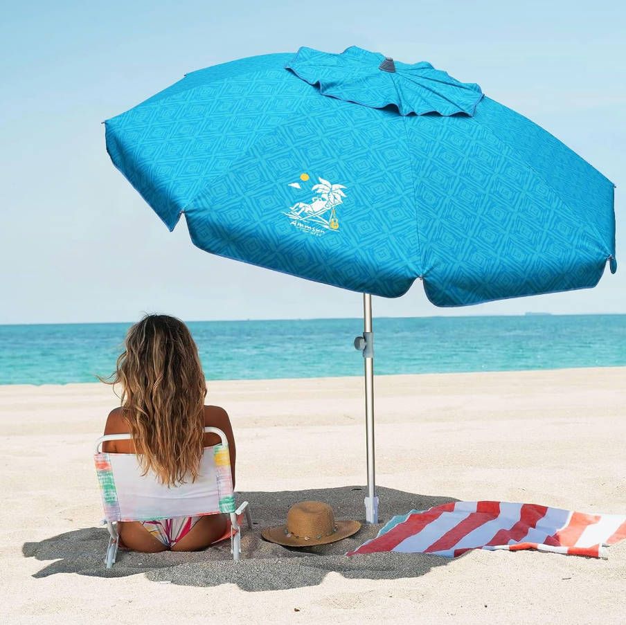 7ft Heavy Duty High Wind Beach Umbrella with Sand Anchor & Tilt Sun Shelter UV 50+ Protection Outdoor Sunshade Umbrellas Carry Bag for Patio Garden Pool Backyard Teal