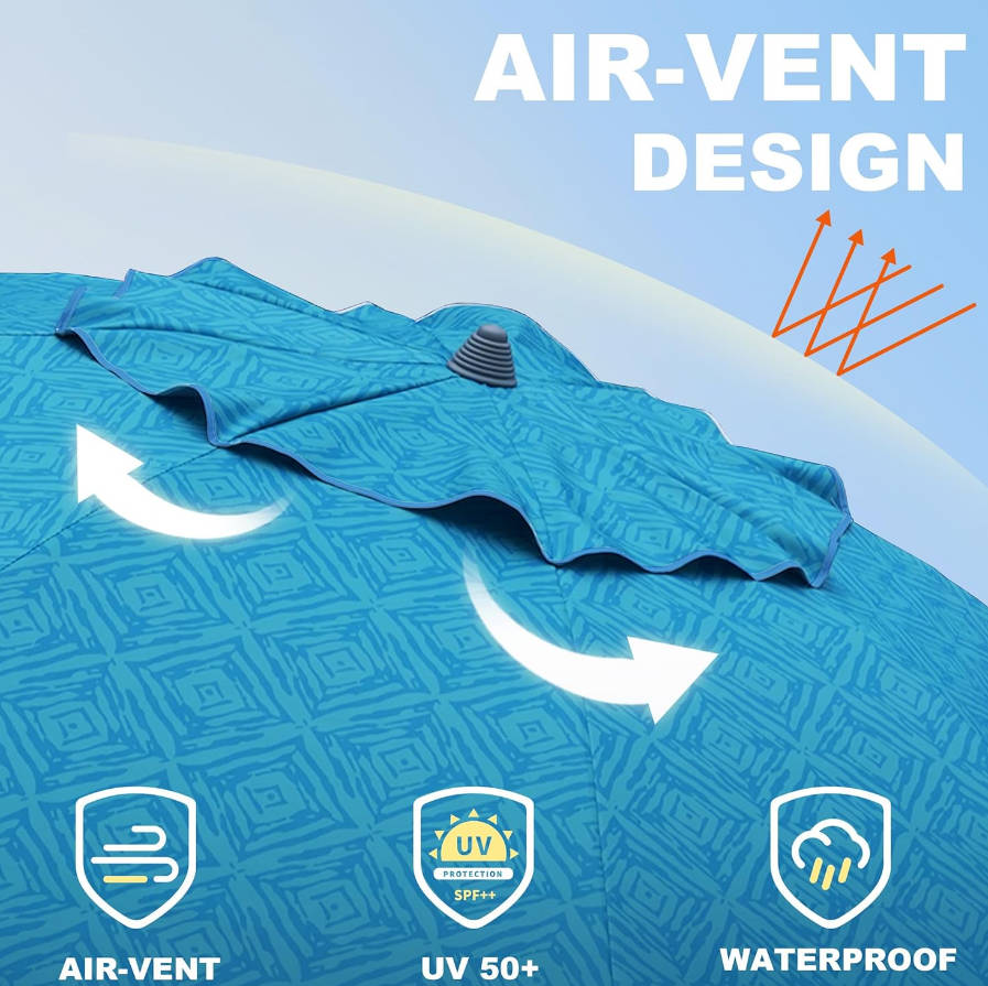 7ft Heavy Duty High Wind Beach Umbrella with Sand Anchor & Tilt Sun Shelter UV 50+ Protection Outdoor Sunshade Umbrellas Carry Bag for Patio Garden Pool Backyard Teal