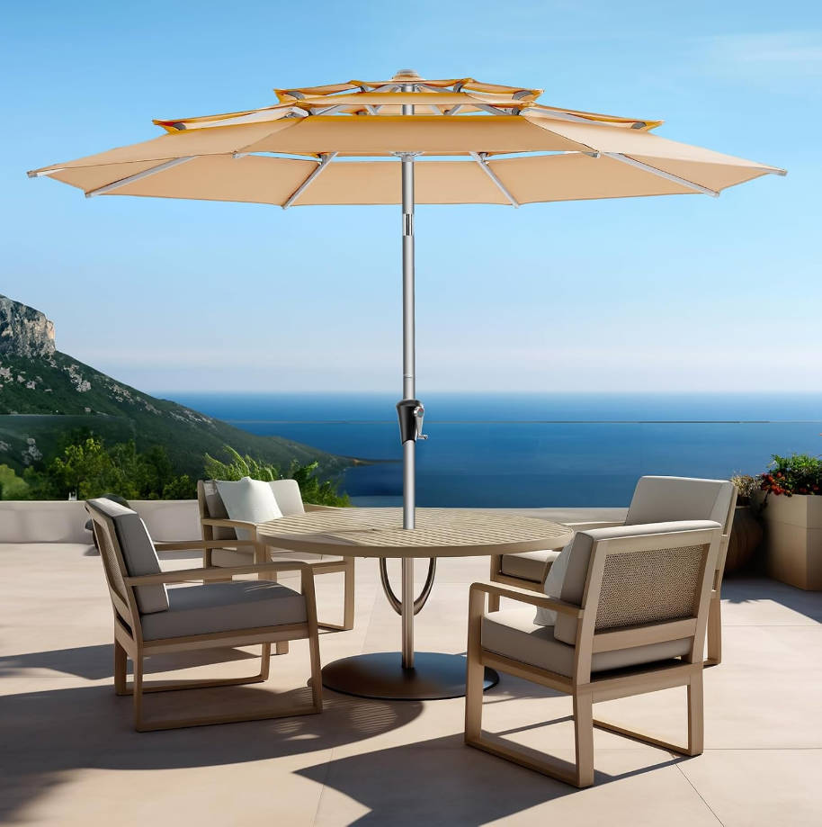 9ft Aluminum Patio Umbrella - 3 Tiers Vented Outdoor Commercial Market Table Umbrella, Heavy Duty Wind Proof Deck Pool Umbrellas UPF50+ UV Protection 5-Year Fade Resistant (Beige)