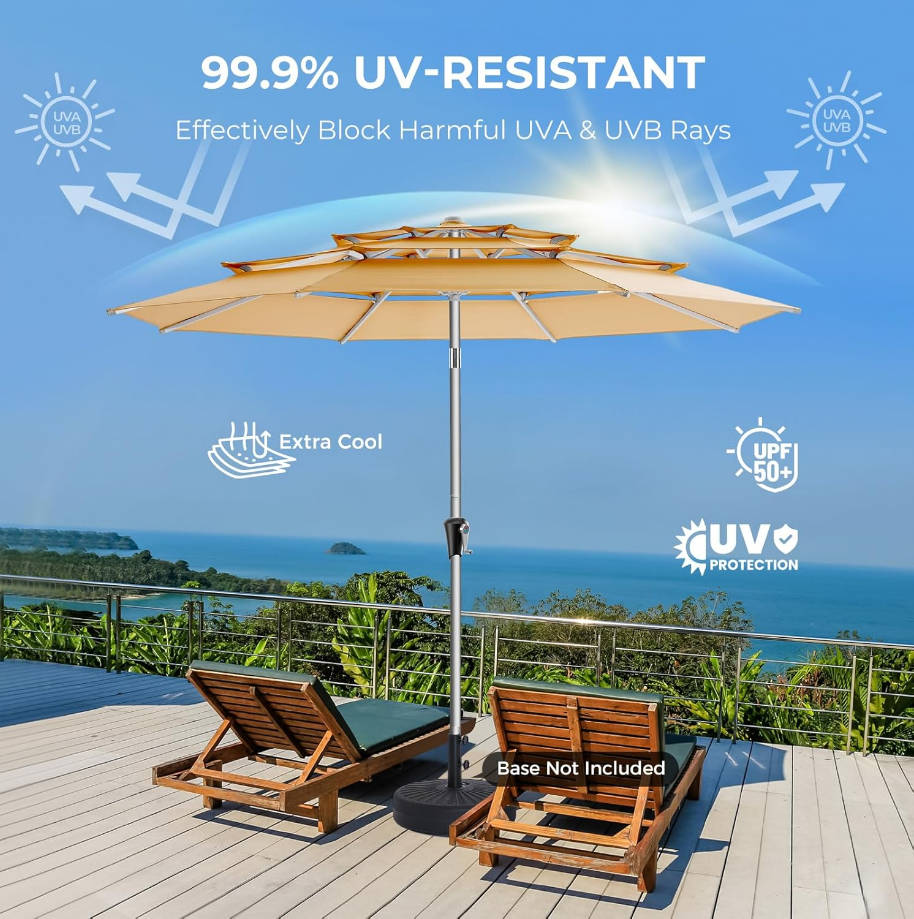 9ft Aluminum Patio Umbrella - 3 Tiers Vented Outdoor Commercial Market Table Umbrella, Heavy Duty Wind Proof Deck Pool Umbrellas UPF50+ UV Protection 5-Year Fade Resistant (Beige)