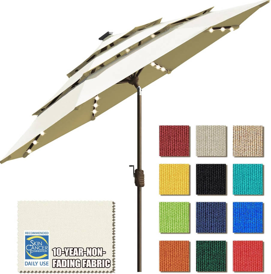 10-Year-Non-Fading Solar 9ft 3 Tiers Market Umbrella with 80 LED Lights Patio Umbrellas Outdoor Table with Ventilation,Natural