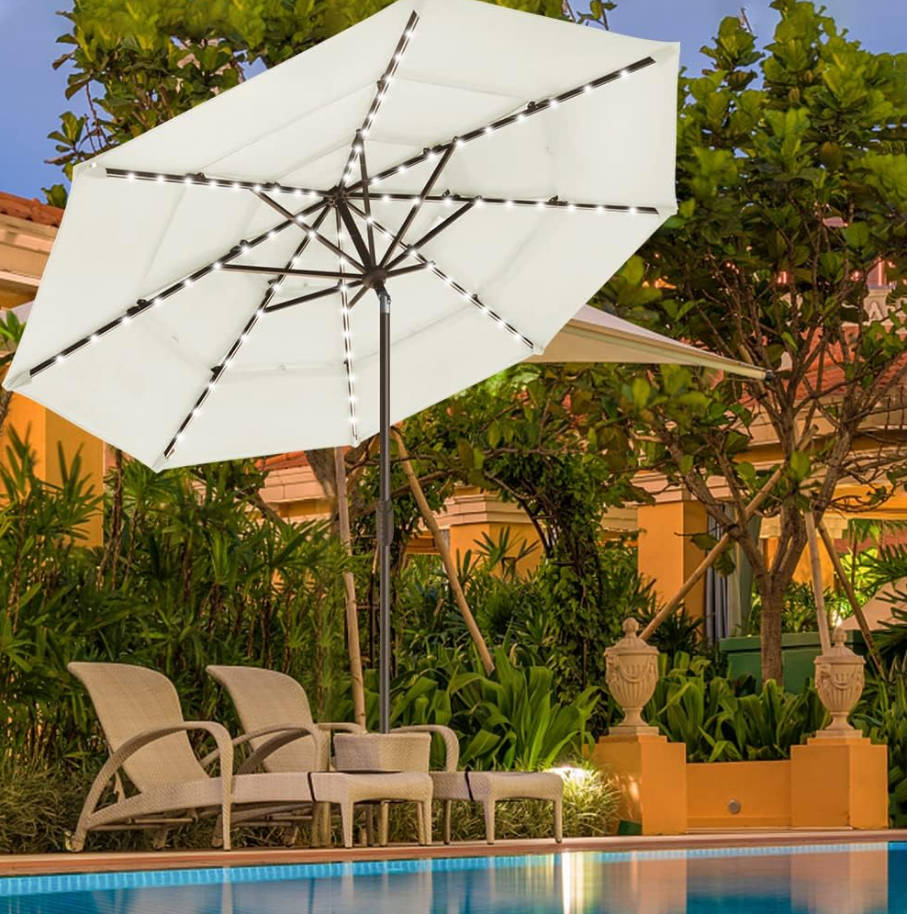 10-Year-Non-Fading Solar 9ft 3 Tiers Market Umbrella with 80 LED Lights Patio Umbrellas Outdoor Table with Ventilation,Natural