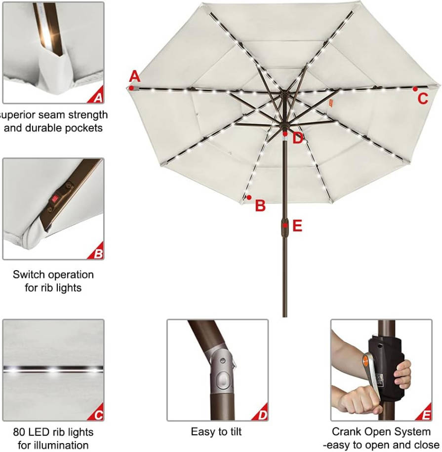 10-Year-Non-Fading Solar 9ft 3 Tiers Market Umbrella with 80 LED Lights Patio Umbrellas Outdoor Table with Ventilation,Natural