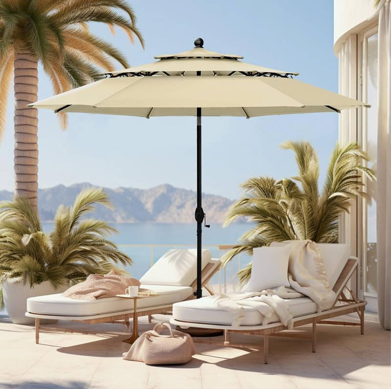 10ft Outdoor Patio Umbrella, Auto-Tilt Market Table Umbrellas with Crank, 8 Sturdy Ribs & 1.5" Pole UV Protection for Garden Deck Backyard Pool, Beige