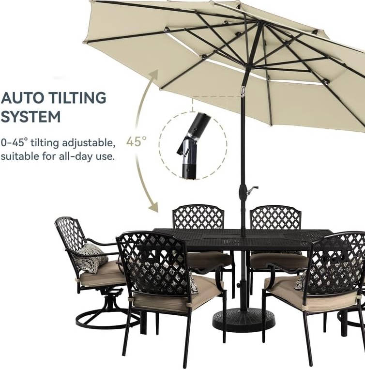 10ft Outdoor Patio Umbrella, Auto-Tilt Market Table Umbrellas with Crank, 8 Sturdy Ribs & 1.5" Pole UV Protection for Garden Deck Backyard Pool, Beige