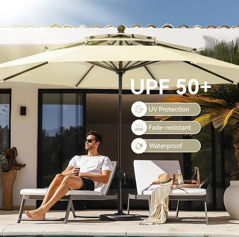 10ft Outdoor Patio Umbrella, Auto-Tilt Market Table Umbrellas with Crank, 8 Sturdy Ribs & 1.5" Pole UV Protection for Garden Deck Backyard Pool, Beige