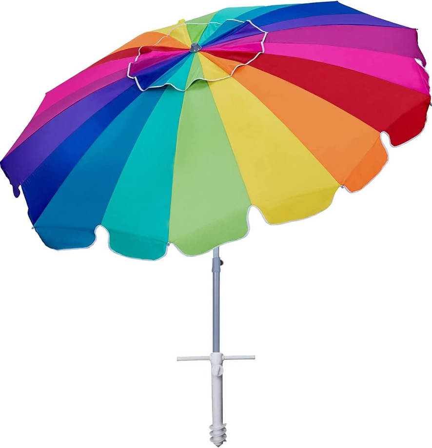 7.5ft Large Heavy Duty HIGH Wind Beach Umbrella with sand anchor & Tilt Sun Shelter, UPF 50+ Protection Outdoor Umbrellas Sunshade with Carry Bag for Patio Garden Pool Backyard Rainbow