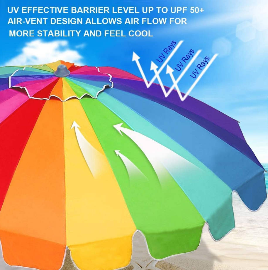7.5ft Large Heavy Duty HIGH Wind Beach Umbrella with sand anchor & Tilt Sun Shelter, UPF 50+ Protection Outdoor Umbrellas Sunshade with Carry Bag for Patio Garden Pool Backyard Rainbow