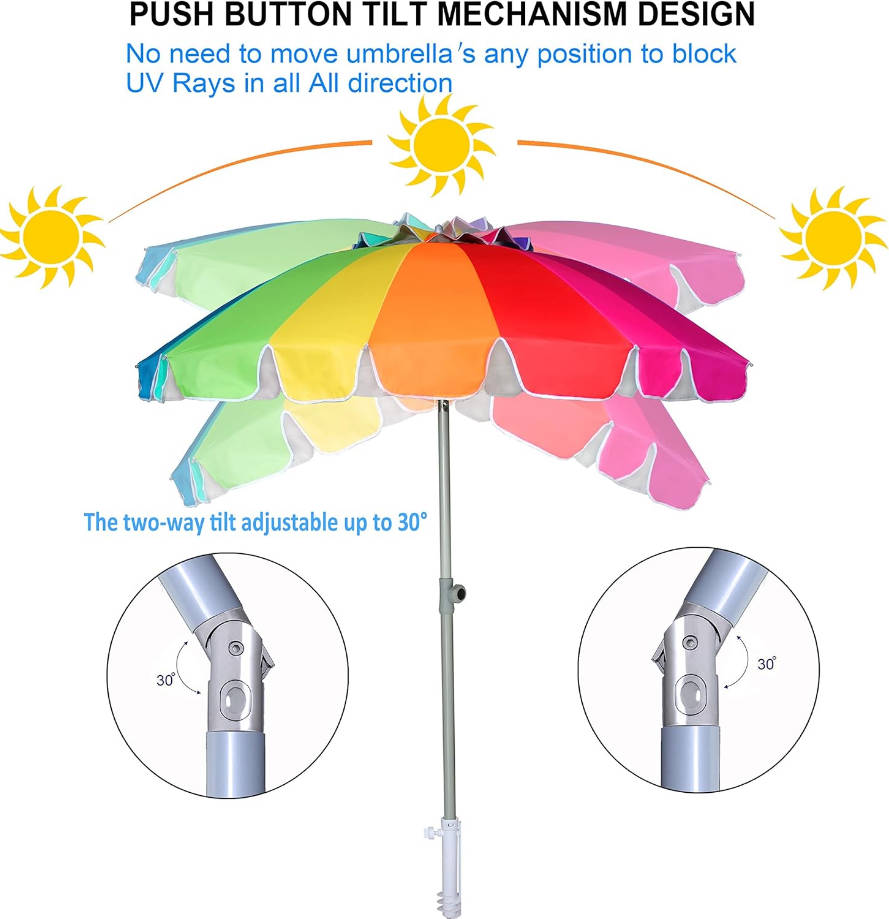 7.5ft Large Heavy Duty HIGH Wind Beach Umbrella with sand anchor & Tilt Sun Shelter, UPF 50+ Protection Outdoor Umbrellas Sunshade with Carry Bag for Patio Garden Pool Backyard Rainbow
