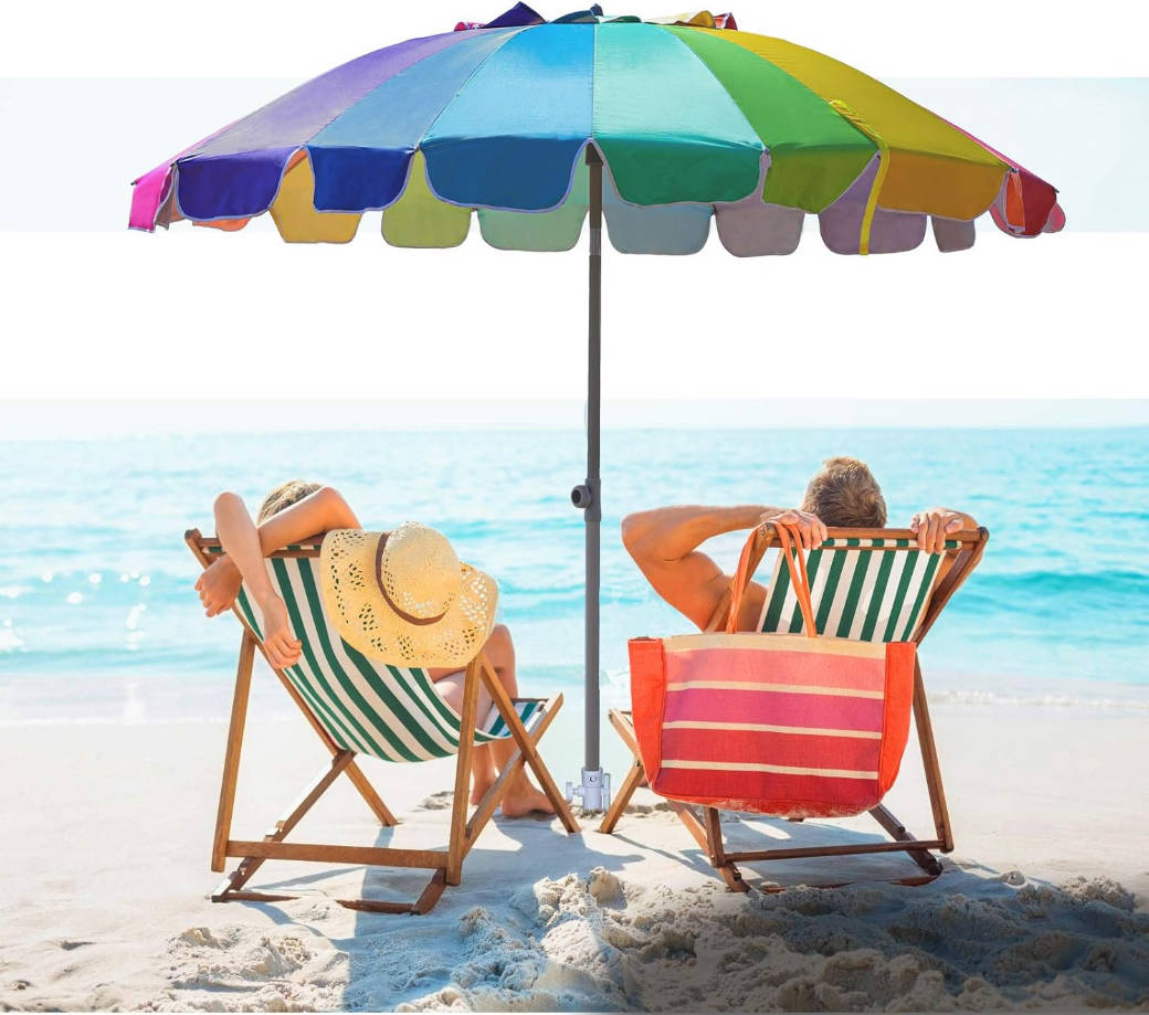 7.5ft Large Heavy Duty HIGH Wind Beach Umbrella with sand anchor & Tilt Sun Shelter, UPF 50+ Protection Outdoor Umbrellas Sunshade with Carry Bag for Patio Garden Pool Backyard Rainbow