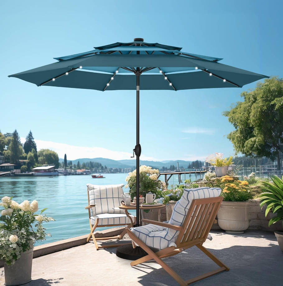 10ft Patio Umbrella with Solar Lights, Outdoor 3 Tier Vented Large Market Table Umbrella for Lawn Poolside Garden Terrace, Peacock Blue & Cerulean (No Base)