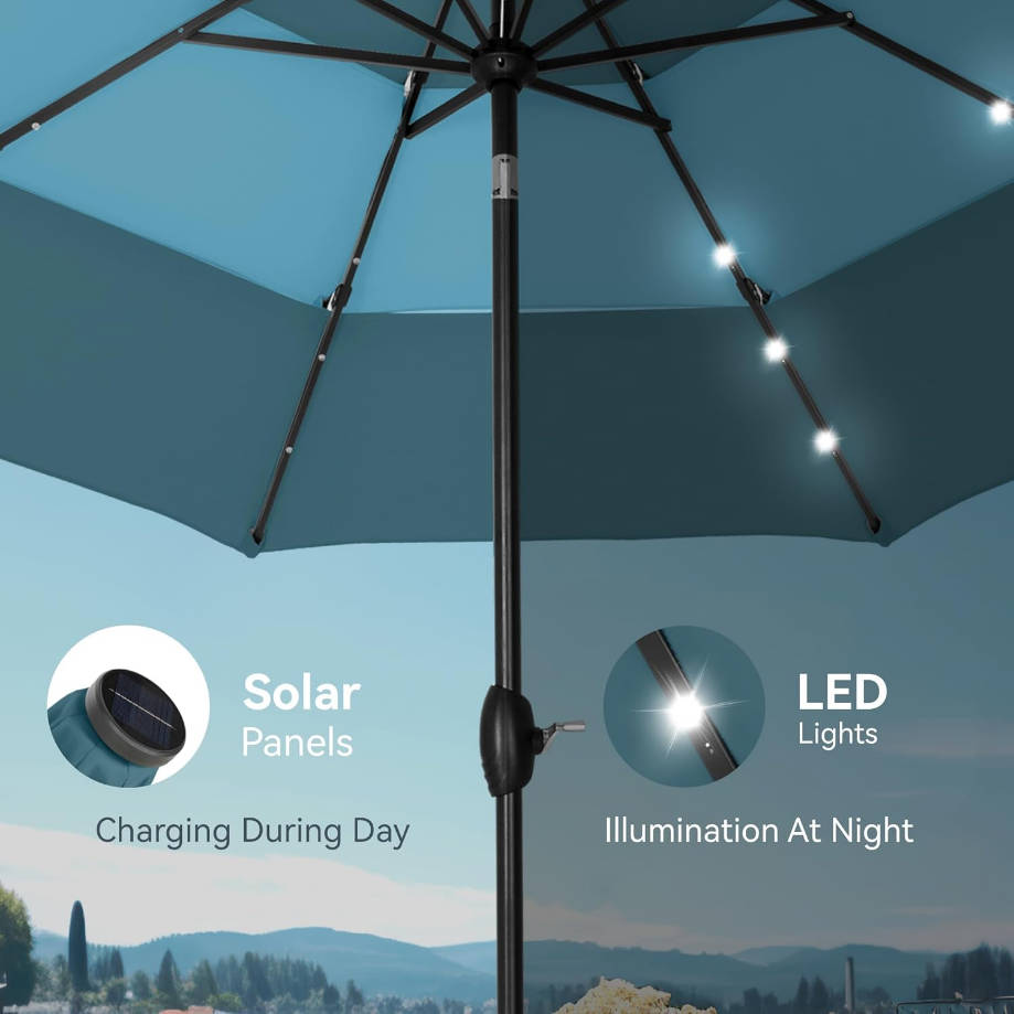 10ft Patio Umbrella with Solar Lights, Outdoor 3 Tier Vented Large Market Table Umbrella for Lawn Poolside Garden Terrace, Peacock Blue & Cerulean (No Base)