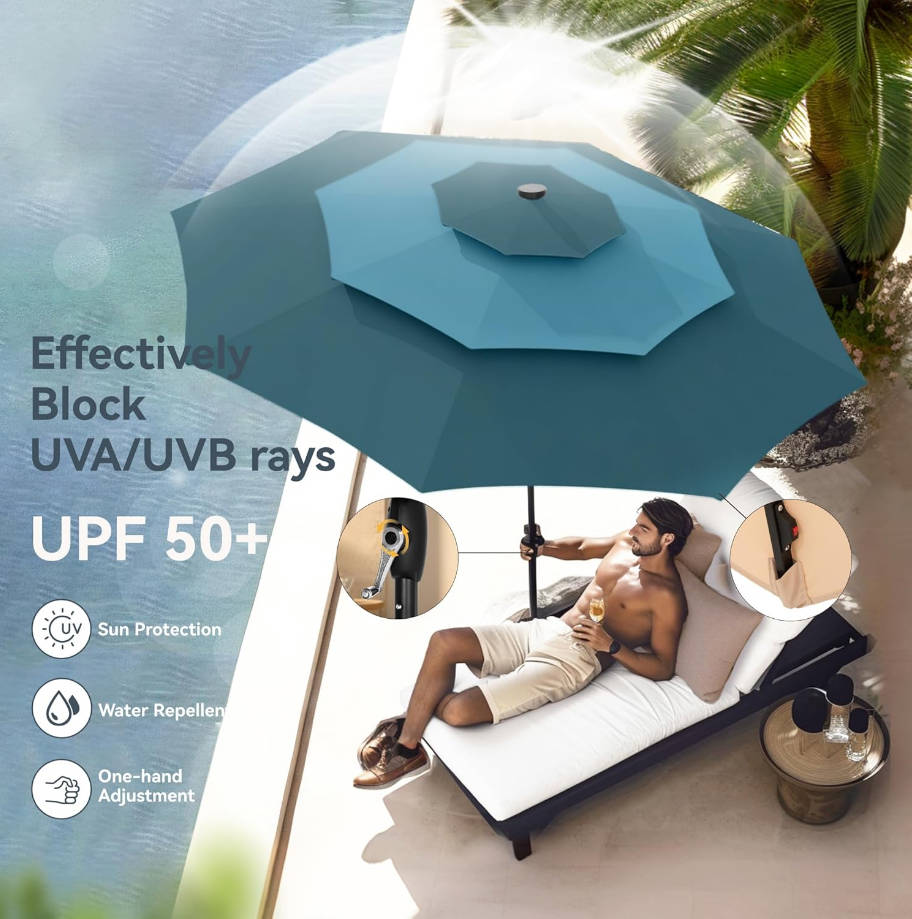 10ft Patio Umbrella with Solar Lights, Outdoor 3 Tier Vented Large Market Table Umbrella for Lawn Poolside Garden Terrace, Peacock Blue & Cerulean (No Base)