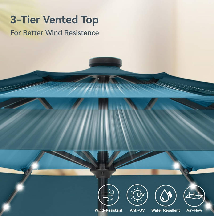 10ft Patio Umbrella with Solar Lights, Outdoor 3 Tier Vented Large Market Table Umbrella for Lawn Poolside Garden Terrace, Peacock Blue & Cerulean (No Base)