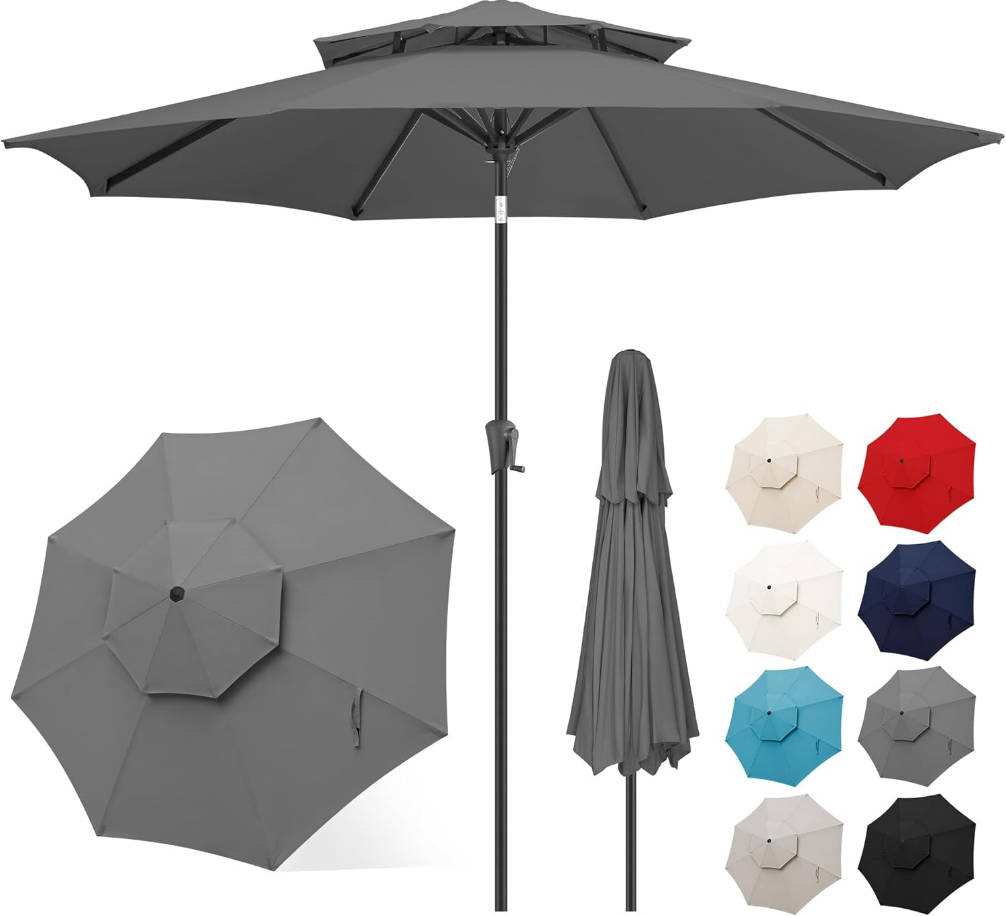 9ft Patio Umbrella - 2 Tiers Outdoor Umbrella with Push Button Tilt and Crank for UV Protection, Table Market Umbrella for Garden, Deck, Backyard, Pool and Beach(Anthracite)