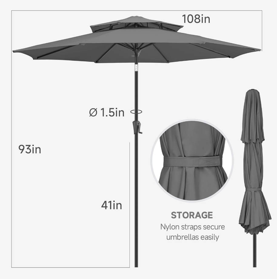 9ft Patio Umbrella - 2 Tiers Outdoor Umbrella with Push Button Tilt and Crank for UV Protection, Table Market Umbrella for Garden, Deck, Backyard, Pool and Beach(Anthracite)