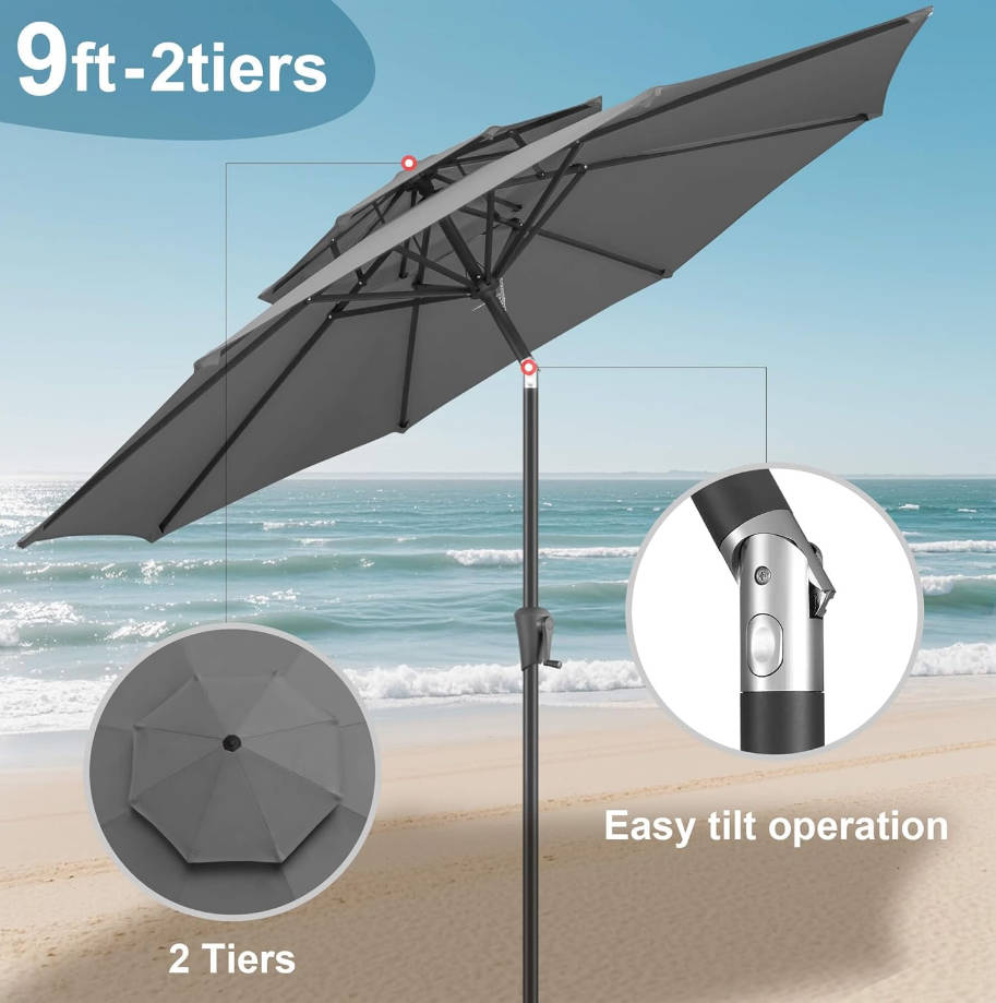 9ft Patio Umbrella - 2 Tiers Outdoor Umbrella with Push Button Tilt and Crank for UV Protection, Table Market Umbrella for Garden, Deck, Backyard, Pool and Beach(Anthracite)