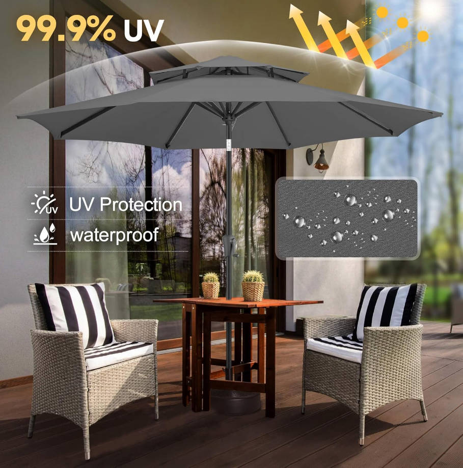 9ft Patio Umbrella - 2 Tiers Outdoor Umbrella with Push Button Tilt and Crank for UV Protection, Table Market Umbrella for Garden, Deck, Backyard, Pool and Beach(Anthracite)