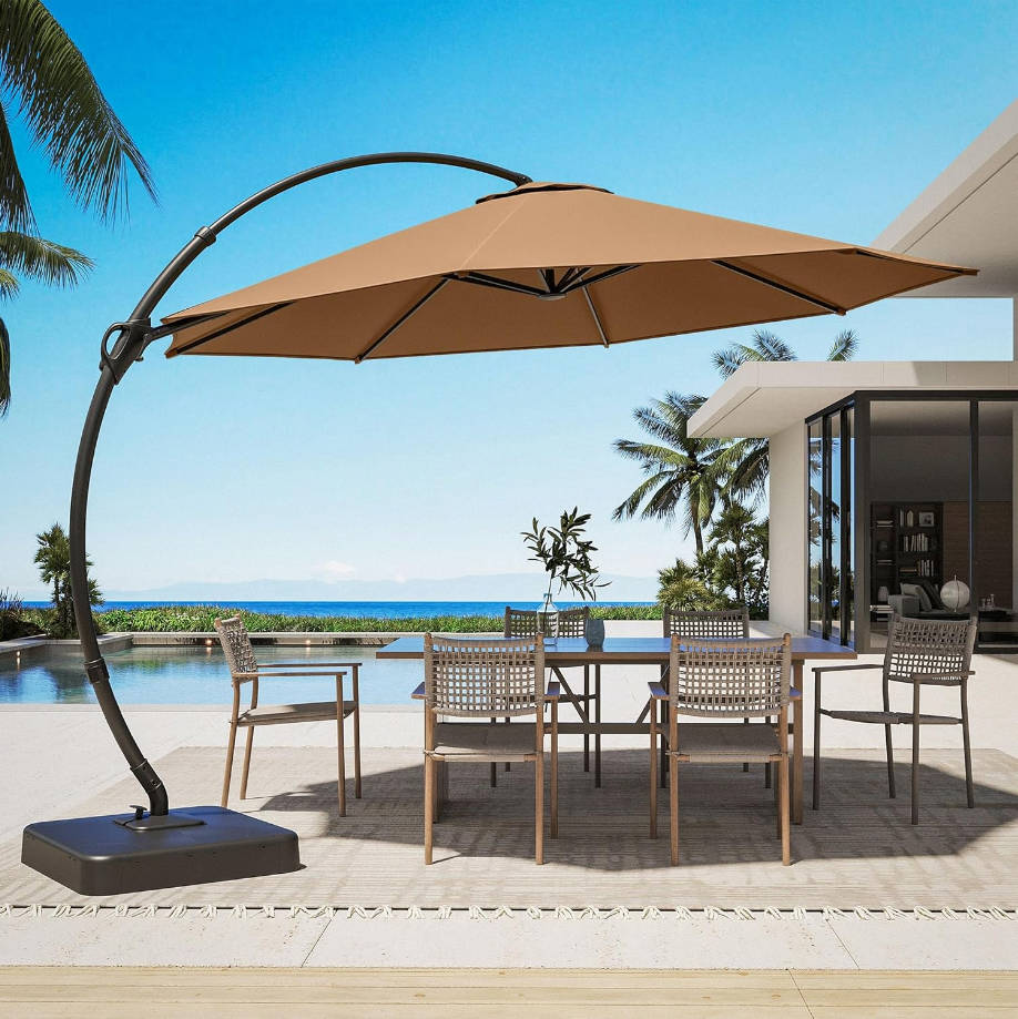 HOME Outdoor Patio Umbrella with Base Included, 11ft Large Sun Shade Cantilever Umbrella Deluxe Curvy Aluminum Offset Hanging Umbrella with 360° Rotation for Pool, Deck, Lawn (Tan)