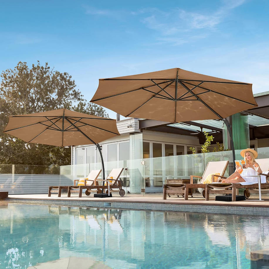 HOME Outdoor Patio Umbrella with Base Included, 11ft Large Sun Shade Cantilever Umbrella Deluxe Curvy Aluminum Offset Hanging Umbrella with 360° Rotation for Pool, Deck, Lawn (Tan)