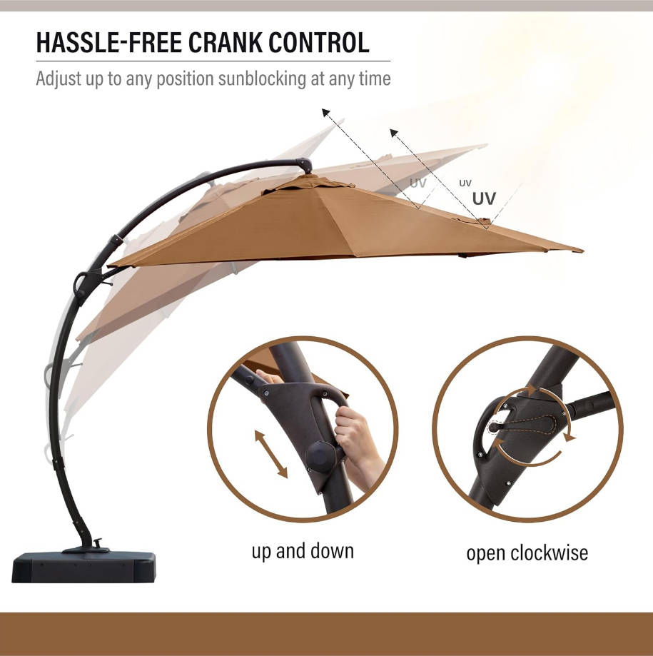 HOME Outdoor Patio Umbrella with Base Included, 11ft Large Sun Shade Cantilever Umbrella Deluxe Curvy Aluminum Offset Hanging Umbrella with 360° Rotation for Pool, Deck, Lawn (Tan)