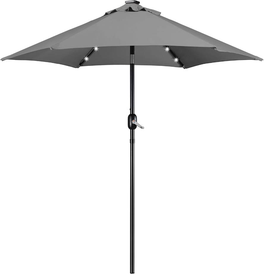 7.5 ft Solar Patio Umbrella LED Lighted Umbrella with Tilt and Crank Lift System, Table Market Sunshade for Garden, Deck, Backyard, Pool and Beach, Grey