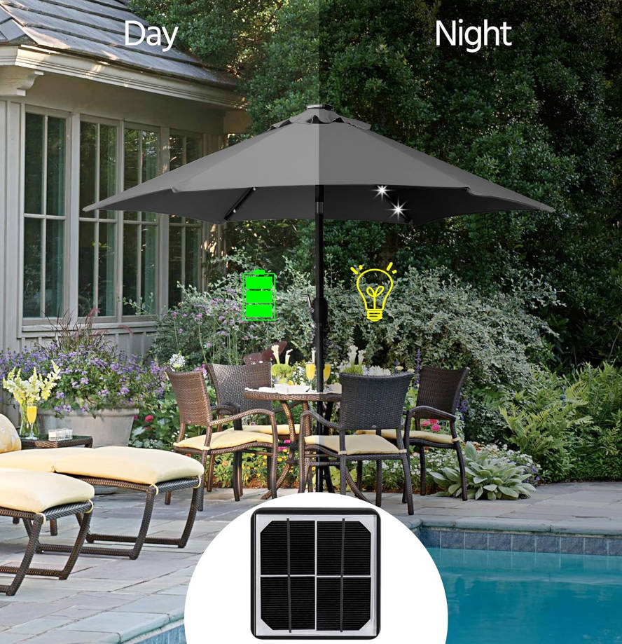 7.5 ft Solar Patio Umbrella LED Lighted Umbrella with Tilt and Crank Lift System, Table Market Sunshade for Garden, Deck, Backyard, Pool and Beach, Grey