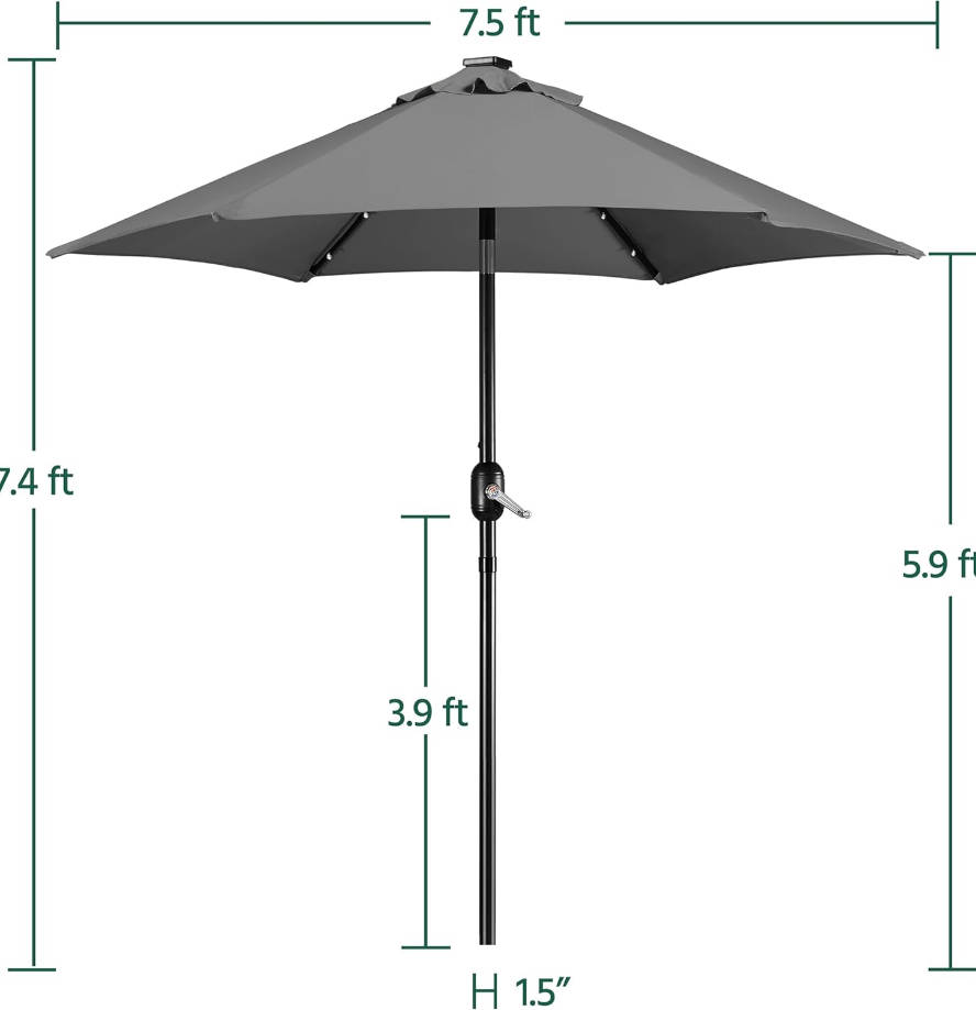 7.5 ft Solar Patio Umbrella LED Lighted Umbrella with Tilt and Crank Lift System, Table Market Sunshade for Garden, Deck, Backyard, Pool and Beach, Grey
