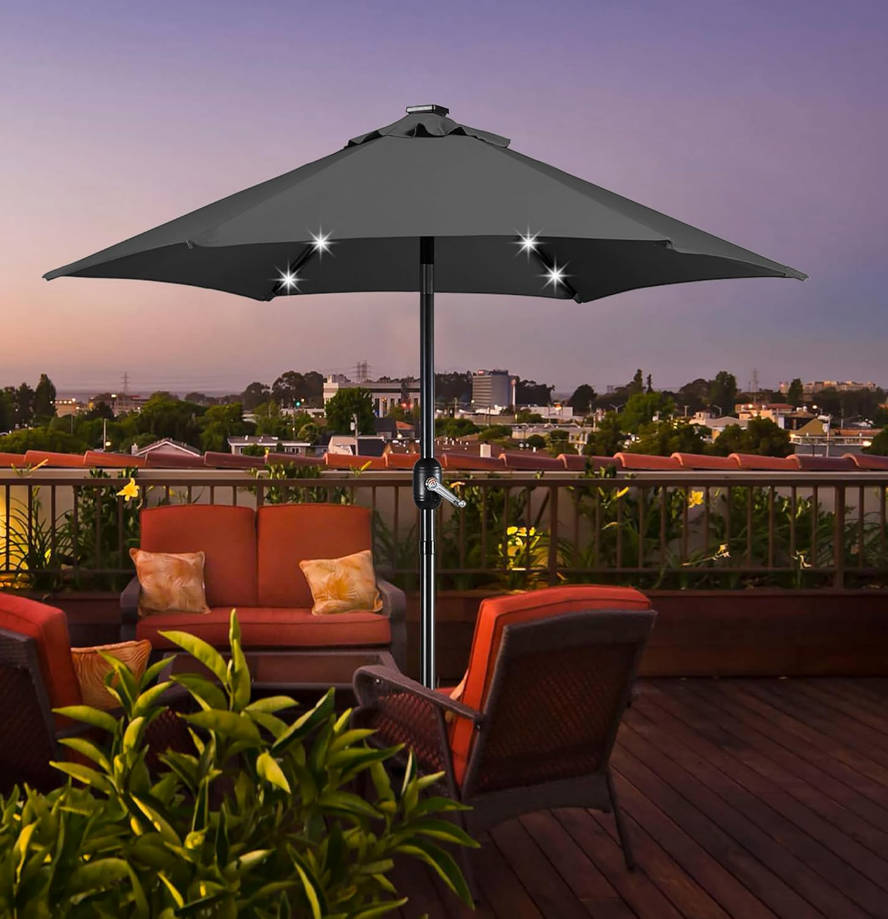 7.5 ft Solar Patio Umbrella LED Lighted Umbrella with Tilt and Crank Lift System, Table Market Sunshade for Garden, Deck, Backyard, Pool and Beach, Grey