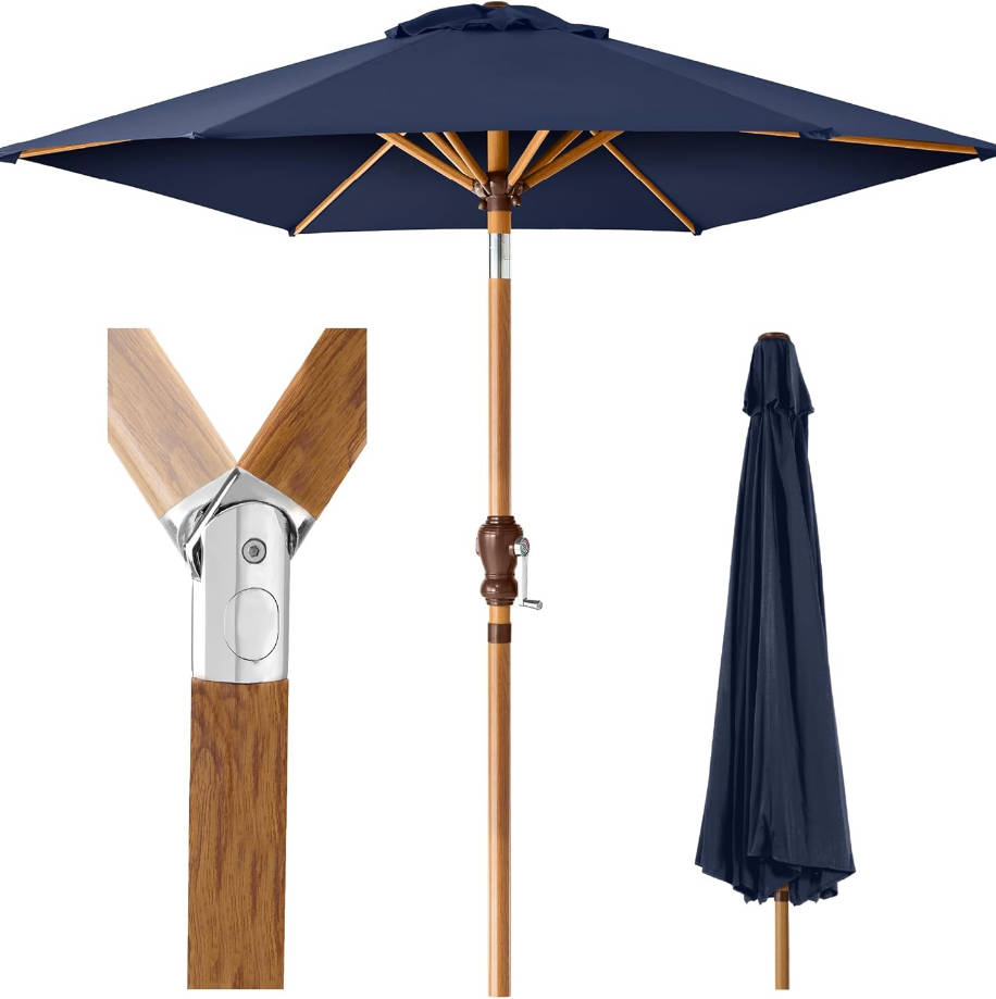 10ft Market Umbrella, Outdoor Sun Shade for Backyard, Deck, Poolside, Table w/Woodgrain Pattern, Easy Tilt & Crank - Navy Blue