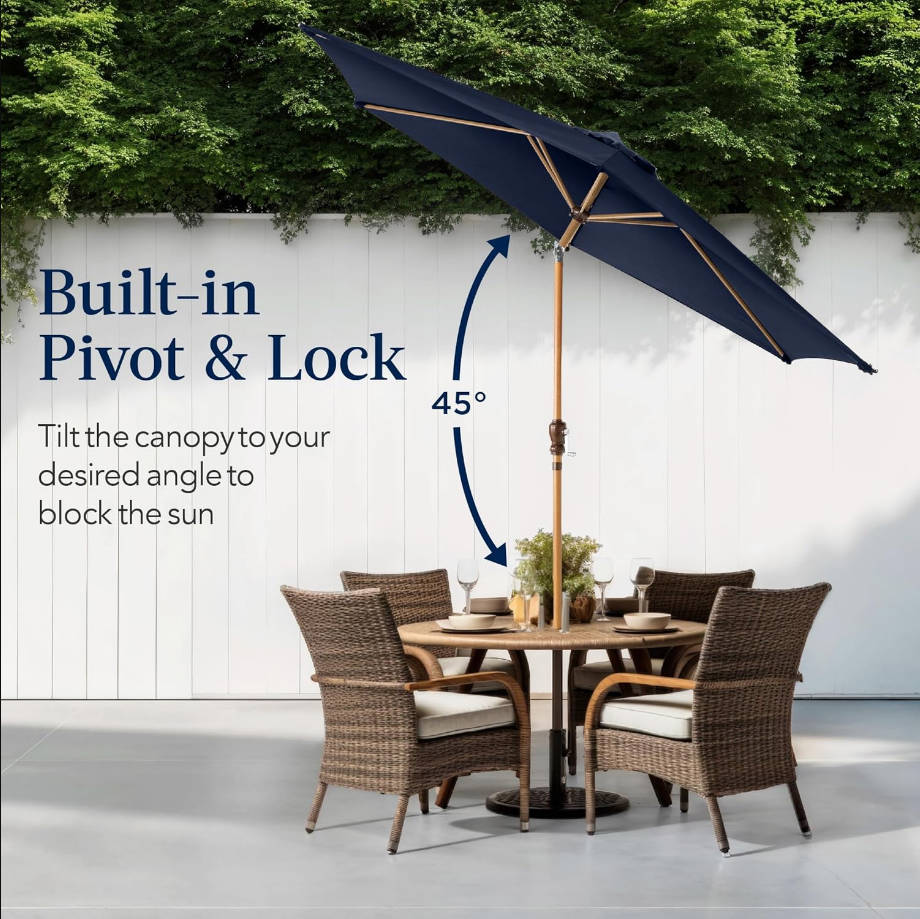 10ft Market Umbrella, Outdoor Sun Shade for Backyard, Deck, Poolside, Table w/Woodgrain Pattern, Easy Tilt & Crank - Navy Blue