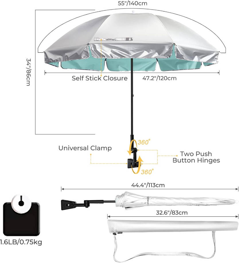 Beach Chair Umbrella with Universal Adjustable Clamp, UV Protection Sunshade Umbrella for Outdoor, Strollers, Wheelchairs, Patio Chairs, Bleacher, and Golf Carts