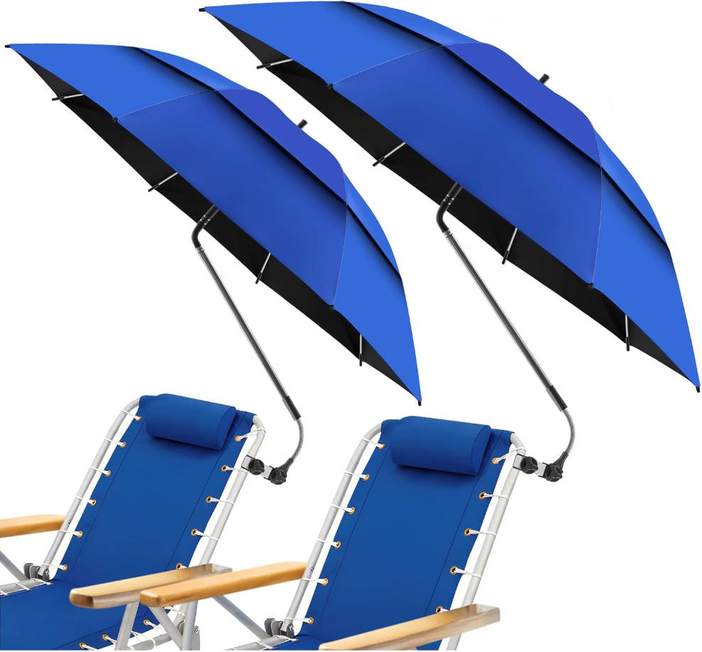 2 Pack 48.6" Double Canopy Beach Umbrella with Clamp, UPF50+ Beach Chair Umbrella with clip, 360°Adjustable Portable Outdoor Wheelchair, Patio, Golf Carts,Camping(Not Include Chair)