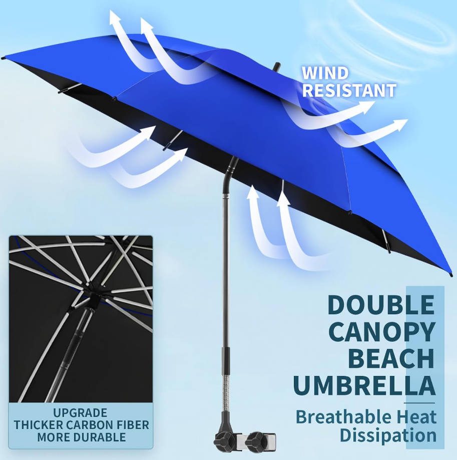 2 Pack 48.6" Double Canopy Beach Umbrella with Clamp, UPF50+ Beach Chair Umbrella with clip, 360°Adjustable Portable Outdoor Wheelchair, Patio, Golf Carts,Camping(Not Include Chair)