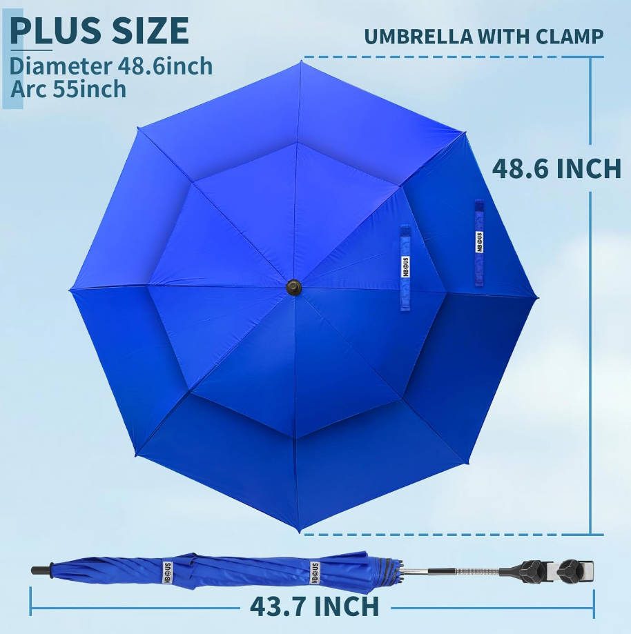 2 Pack 48.6" Double Canopy Beach Umbrella with Clamp, UPF50+ Beach Chair Umbrella with clip, 360°Adjustable Portable Outdoor Wheelchair, Patio, Golf Carts,Camping(Not Include Chair)