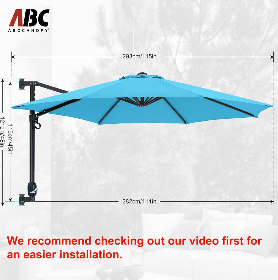 Patio Umbrella 10FT - Wall Mount Outdoor Hanging Umbrella Sunshade Umbrella with Crank for Balcony, Apartment, Patio, Garden,Turquoise