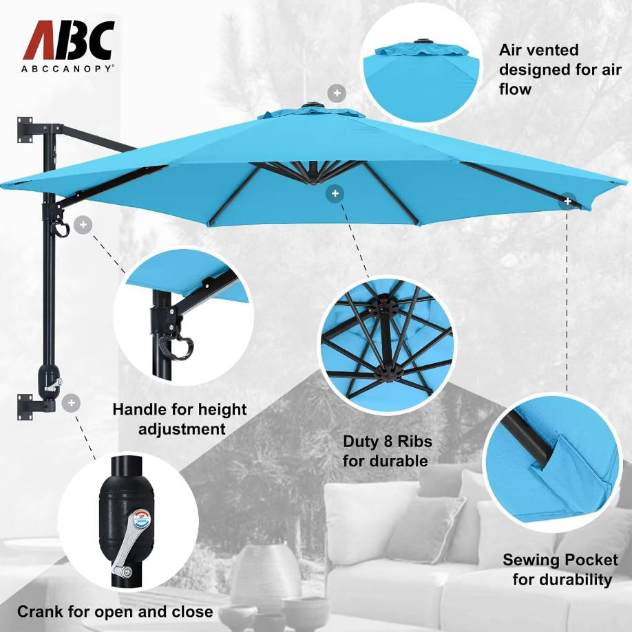 Patio Umbrella 10FT - Wall Mount Outdoor Hanging Umbrella Sunshade Umbrella with Crank for Balcony, Apartment, Patio, Garden,Turquoise