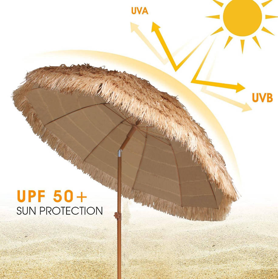 7.5ft Hula Thatched Tiki Patio Beach Umbrella Hawaiian Style 10 Ribs UPF 50+ with Tilt Carry Bag for Outdoor Tiki Bar, Tropical Palapa, Patio Garden Beach Pool Backyard Natural Color