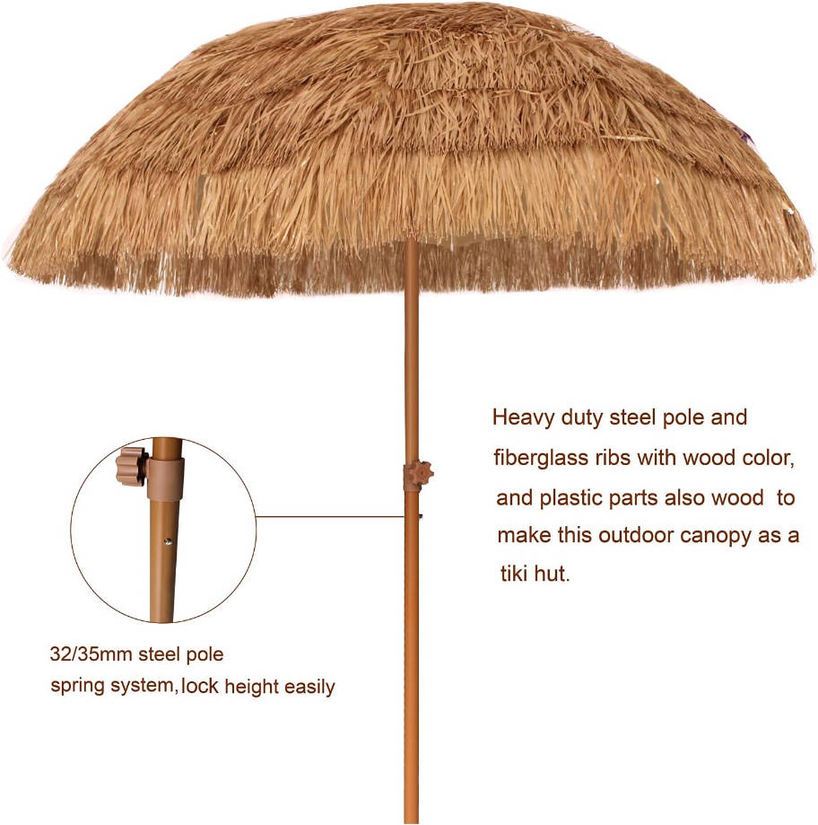 7.5ft Hula Thatched Tiki Patio Beach Umbrella Hawaiian Style 10 Ribs UPF 50+ with Tilt Carry Bag for Outdoor Tiki Bar, Tropical Palapa, Patio Garden Beach Pool Backyard Natural Color