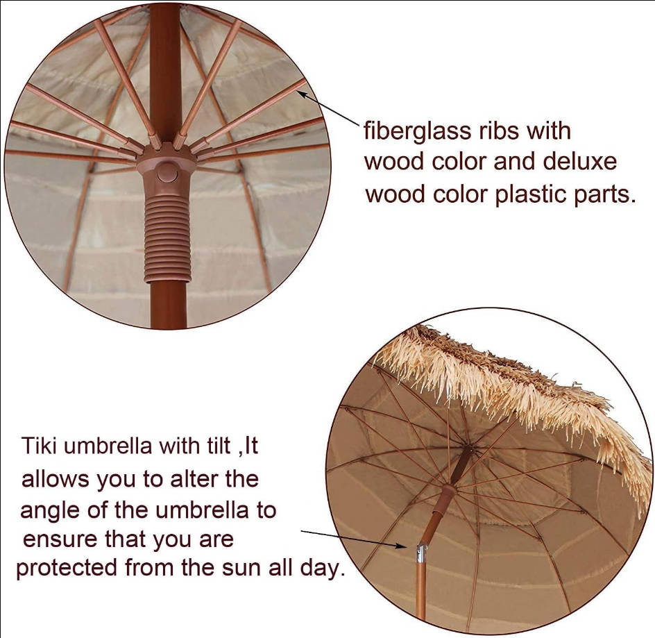 7.5ft Hula Thatched Tiki Patio Beach Umbrella Hawaiian Style 10 Ribs UPF 50+ with Tilt Carry Bag for Outdoor Tiki Bar, Tropical Palapa, Patio Garden Beach Pool Backyard Natural Color