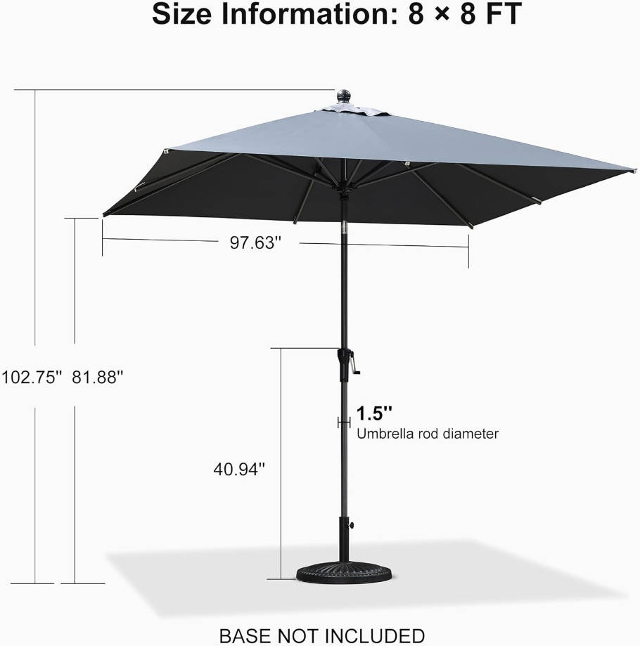 8' x 8' Square Patio Umbrella Outdoor Table Umbrella Aluminum Frame Market Umbrella Sun Umbrella with 8 Sturdy Ribs & Tilt for Garden Deck Lawn & Pool Gray