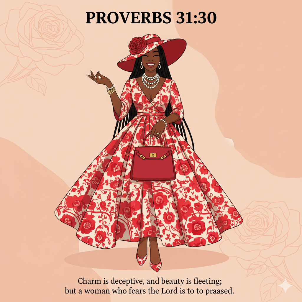 Bibical Verse. Red Floral Vintage Dress Wall Art Print Poster & Lives Template!  